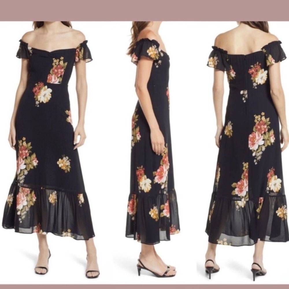 Reformation Butterfly Georgette Off Shoulder Dress Arcadia 10 Maxi